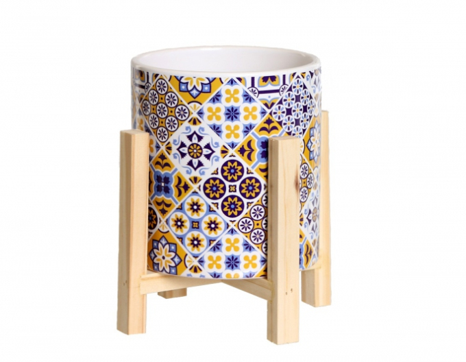 Keramischer  Pflanztopf im Holzständer Mosaik